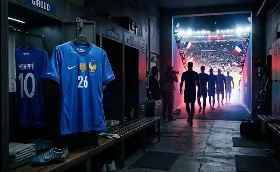 A hyper-realistic cinematic shot of a blue France 2026 football jersey hanging in a moody locker room with players walking toward the stadium tunnel.