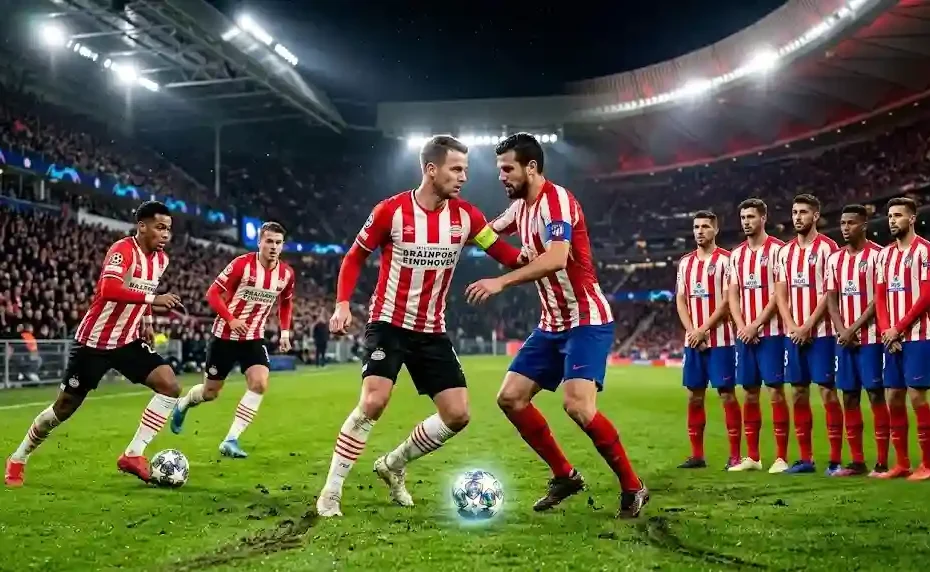 PSV Eindhoven Atlético Madrid dans un match intense de la Ligue des Champions sous les projecteurs du stade