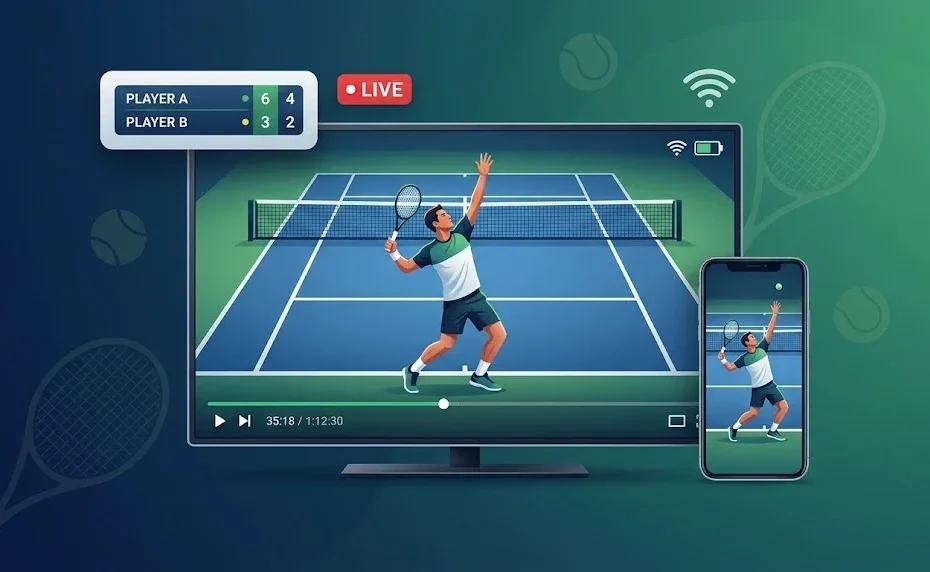 Illustration d'un match de tennis en direct affiché sur une télévision et un smartphone avec un joueur en service sur un court bleu, un tableau de score et un badge Live.